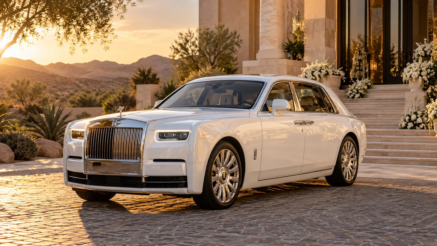 White Rolls-Royce parked outside a desert resort entrance at golden hour before a wedding