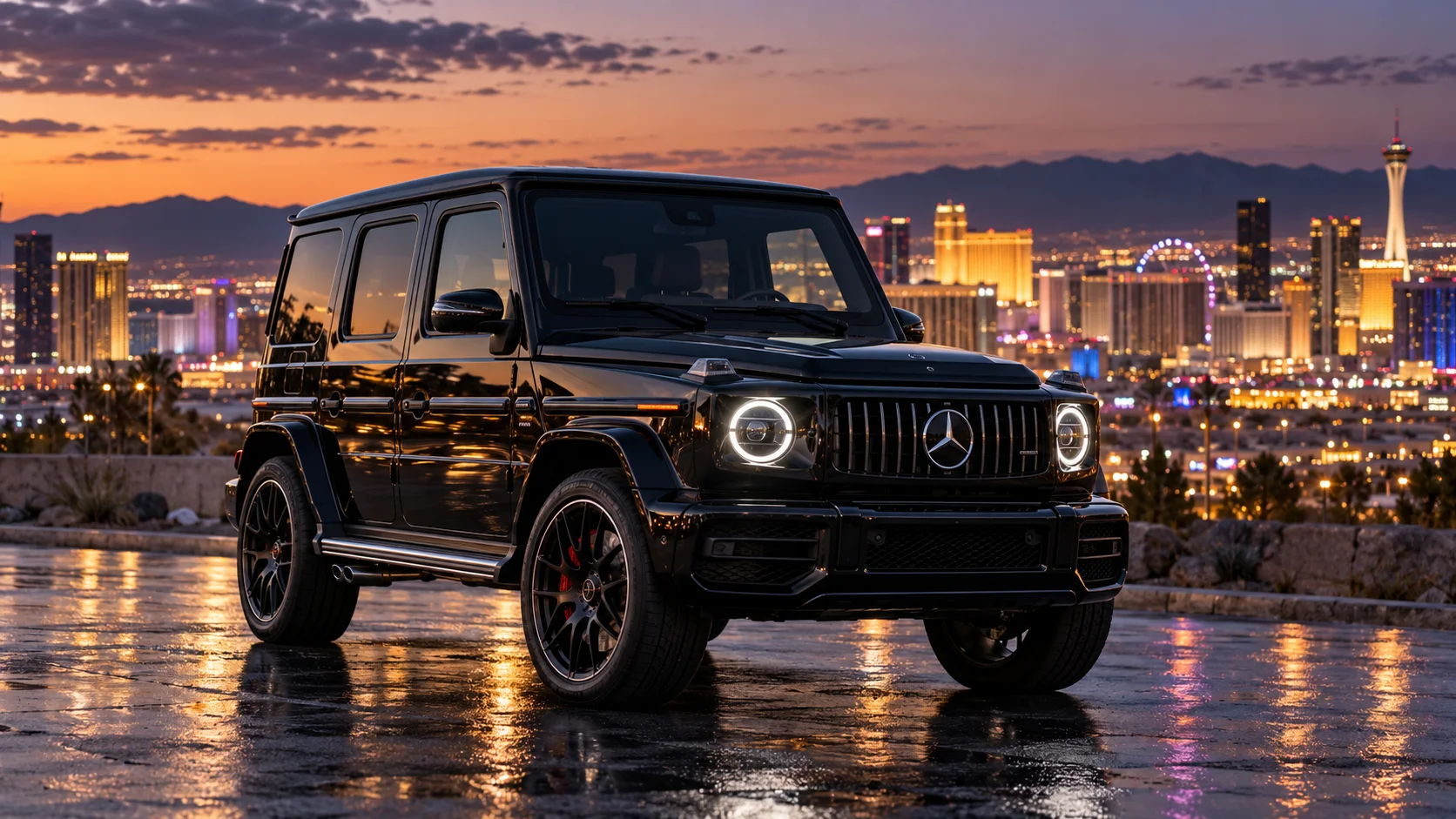 Black Mercedes G-Wagon parked at dusk with the Las Vegas skyline in the background