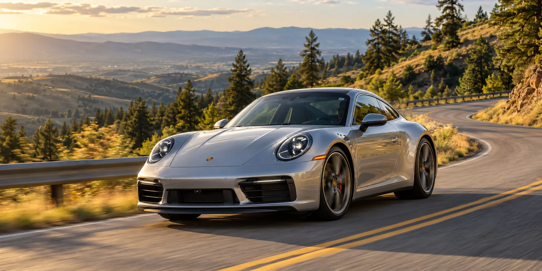 Silver Porsche on a curving mountain road in the foothills above Boise, Idaho