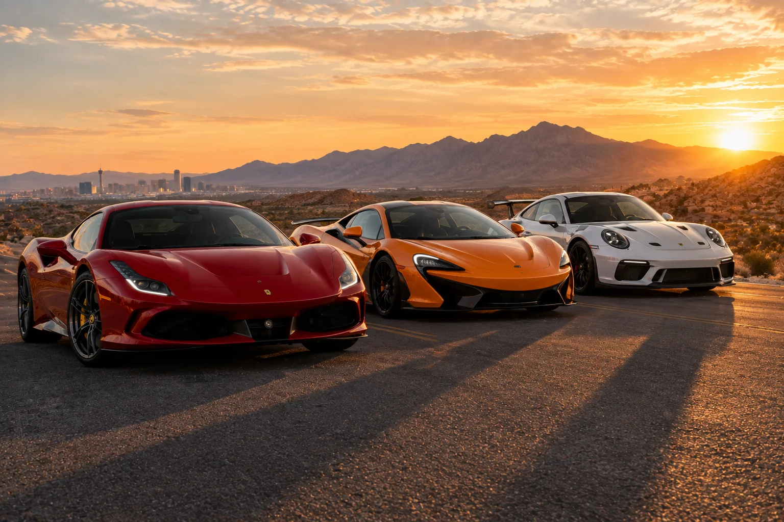 Red Ferrari, orange McLaren, and white Porsche parked together on a desert highway near Las Vegas
