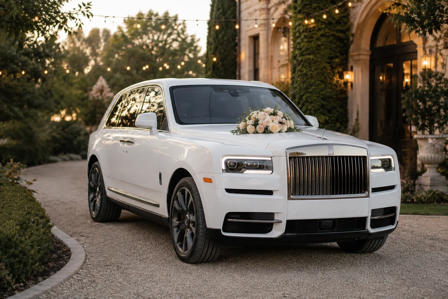 White Rolls-Royce Cullinan parked outside a wedding venue at golden hour