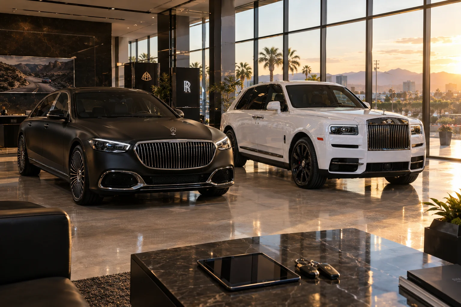 Maybach S680 and Rolls-Royce Cullinan parked inside a Las Vegas luxury car rental showroom