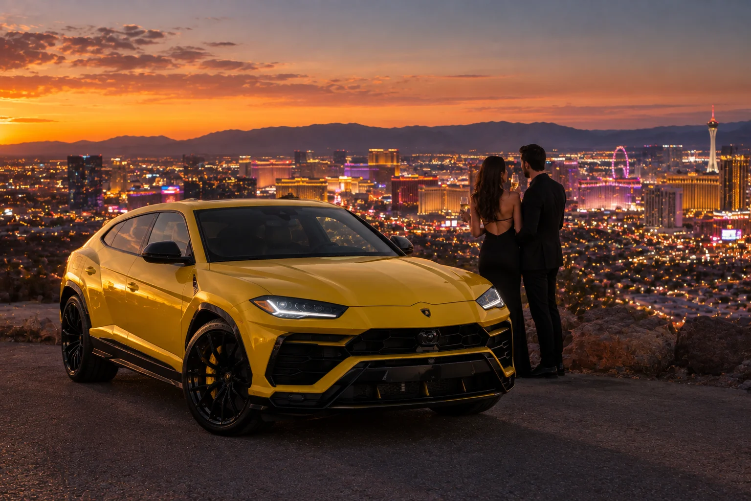 Yellow Lamborghini parked above the Las Vegas Strip at dusk during a birthday celebration