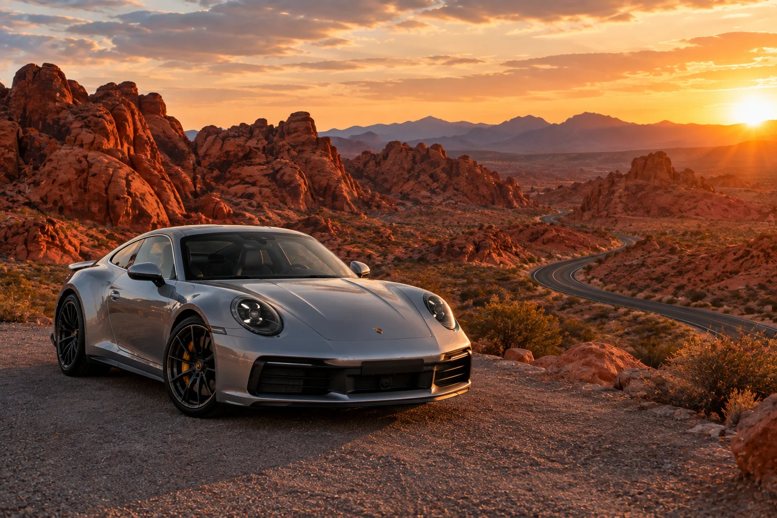 Silver Porsche parked at a scenic overlook in Valley of Fire State Park near Las Vegas