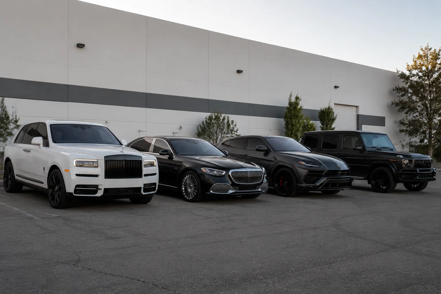 Rolls-Royce Cullinan, Mercedes-Maybach, Lamborghini Urus and G-Wagon parked in a row