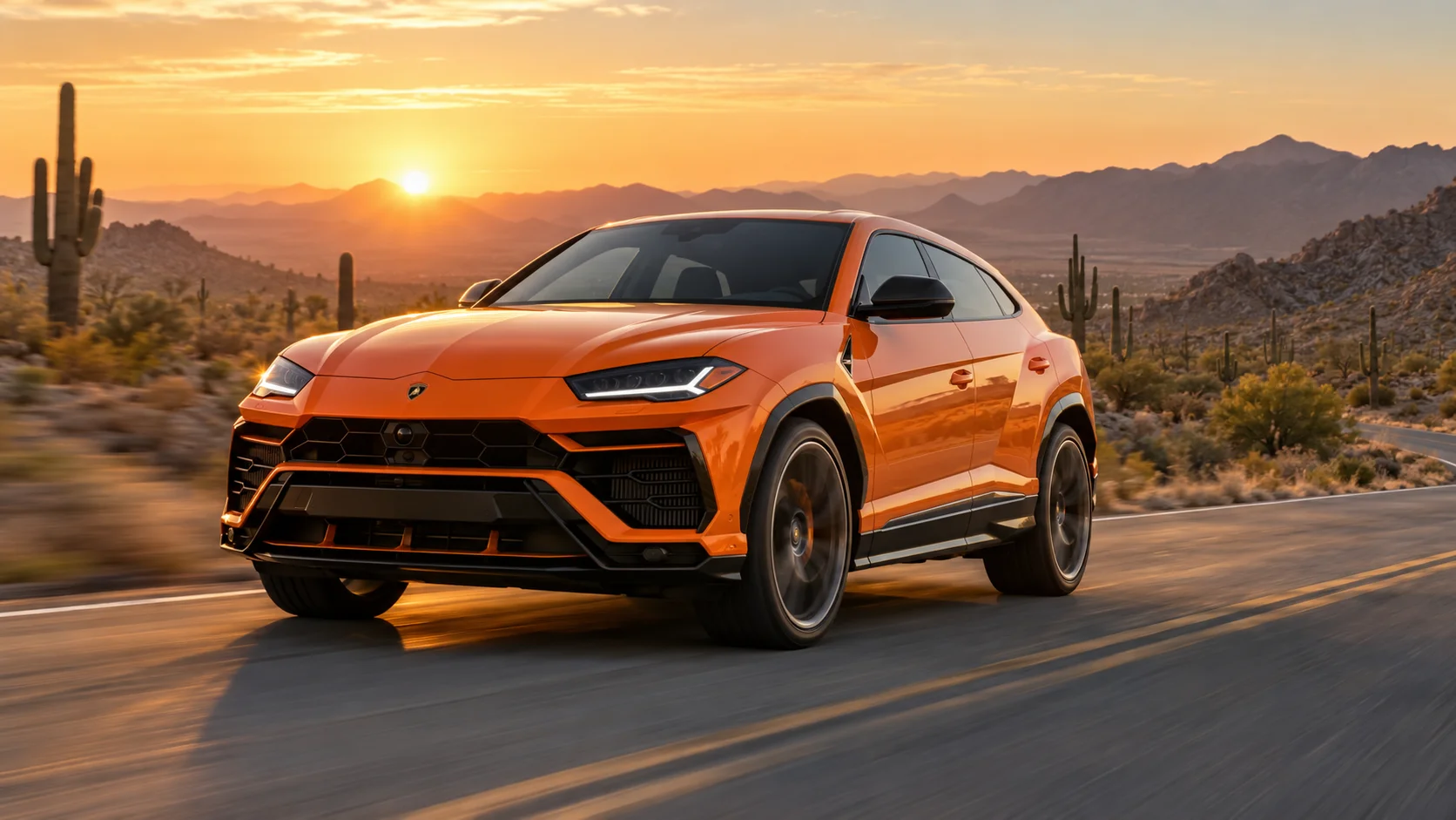 Orange Lamborghini Urus driving on a desert highway near Scottsdale at sunrise