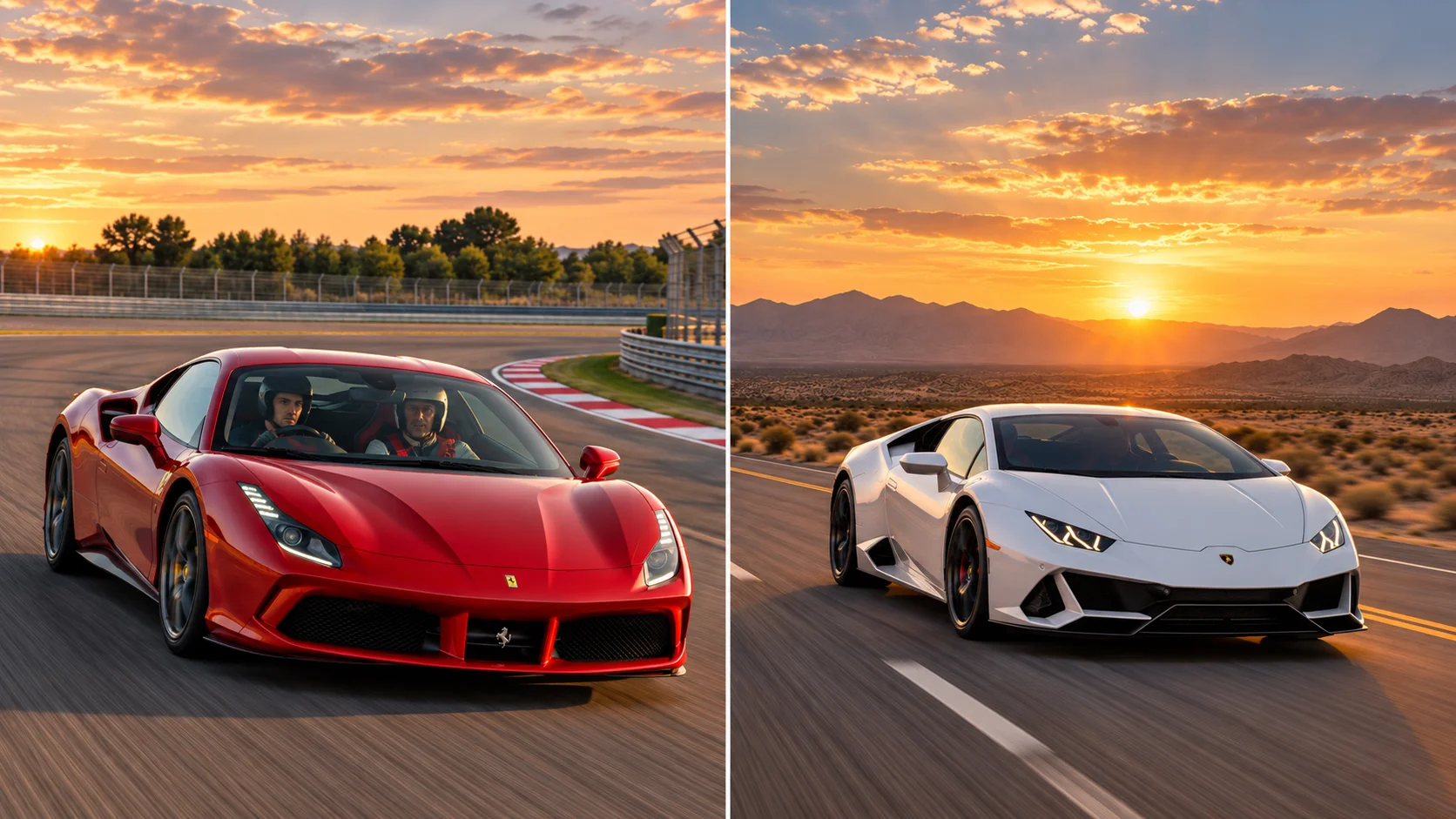 Split image of a Ferrari on a racetrack and a Lamborghini on an open desert highway