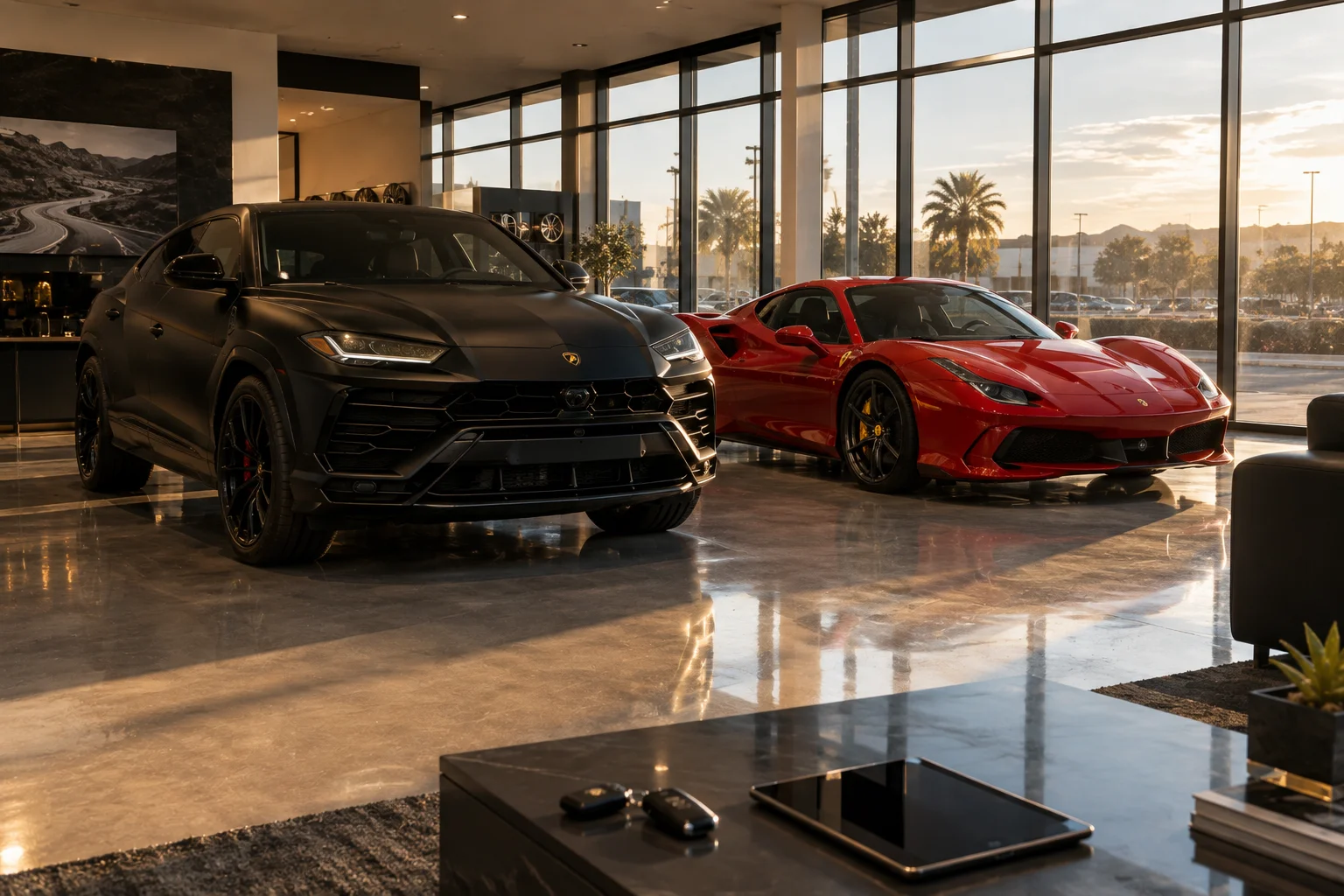 Exotic car rental showroom with a Lamborghini Urus and Ferrari ready for pickup