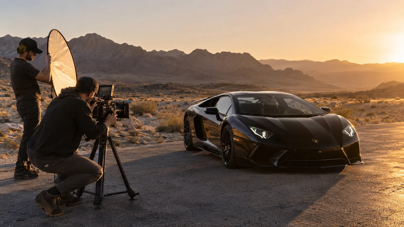 Film crew shooting a black Lamborghini on a desert road at golden hour