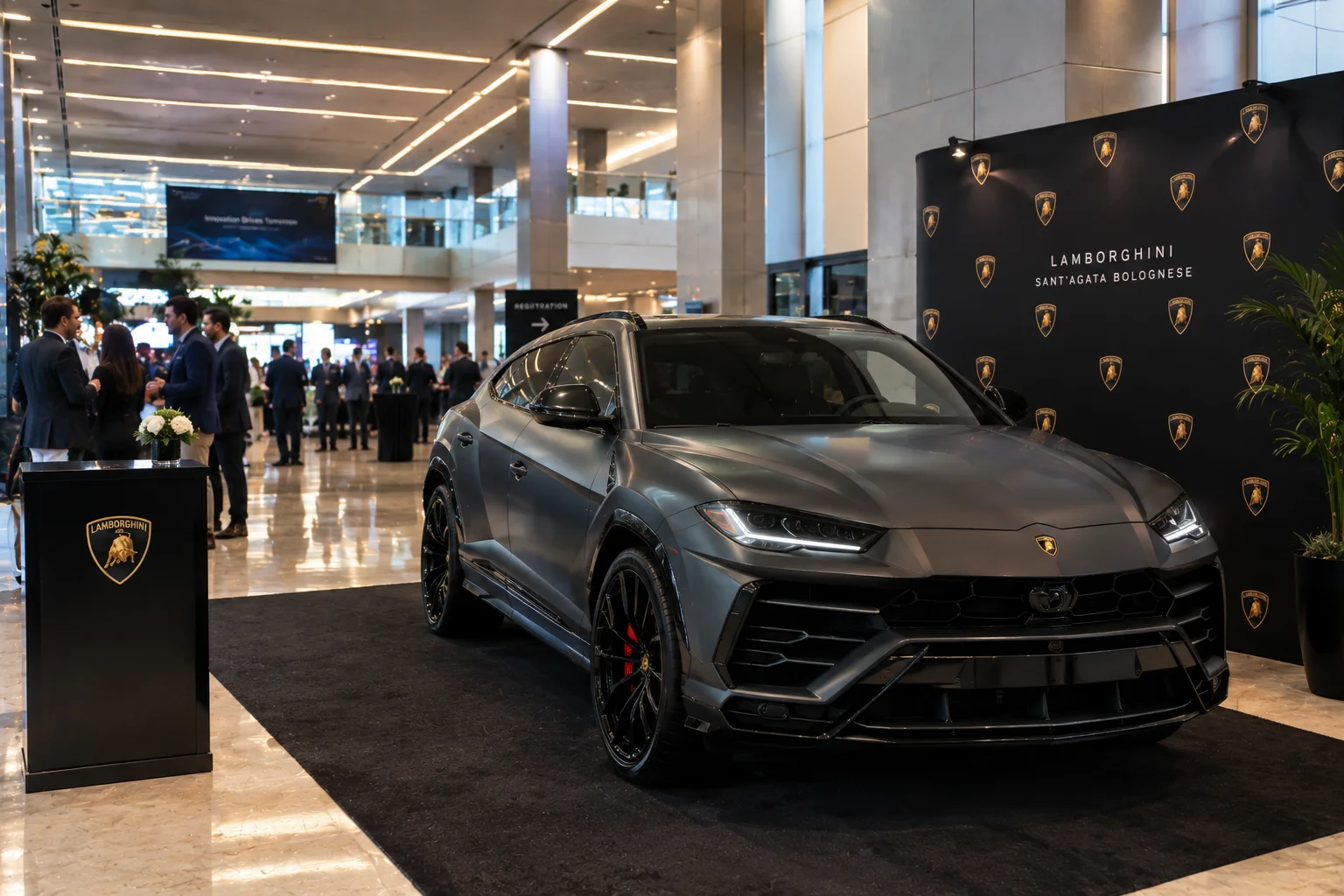 Lamborghini Urus on display at a corporate conference and trade show event