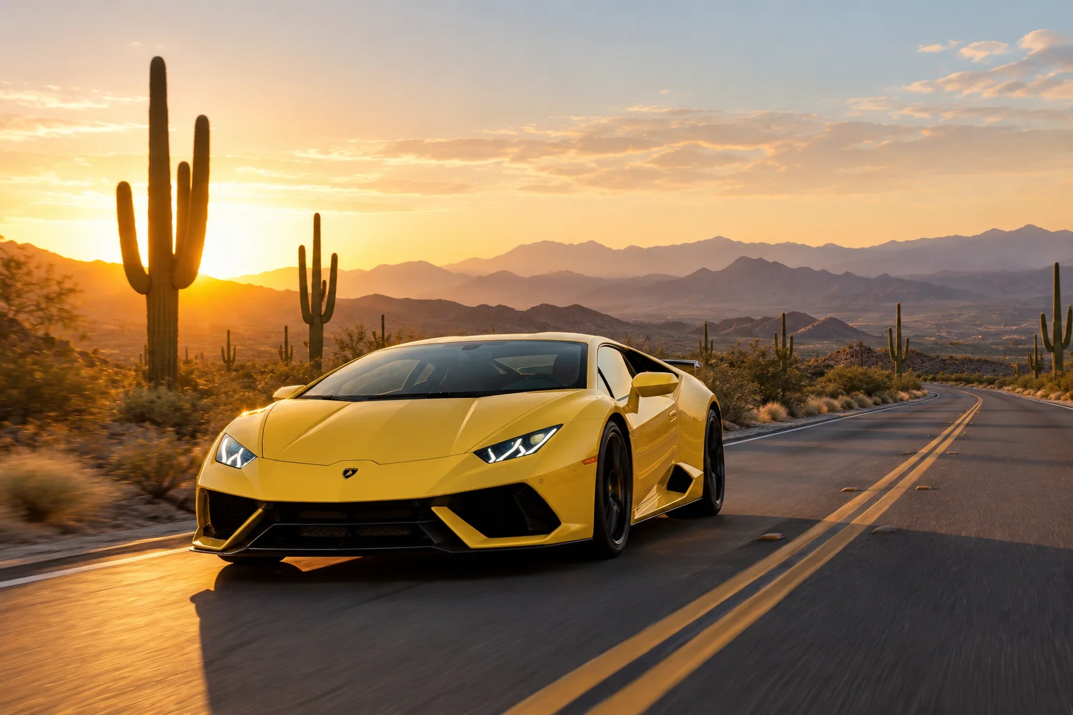 Yellow Lamborghini driving past saguaro cactus on a Sonoran Desert highway near Scottsdale