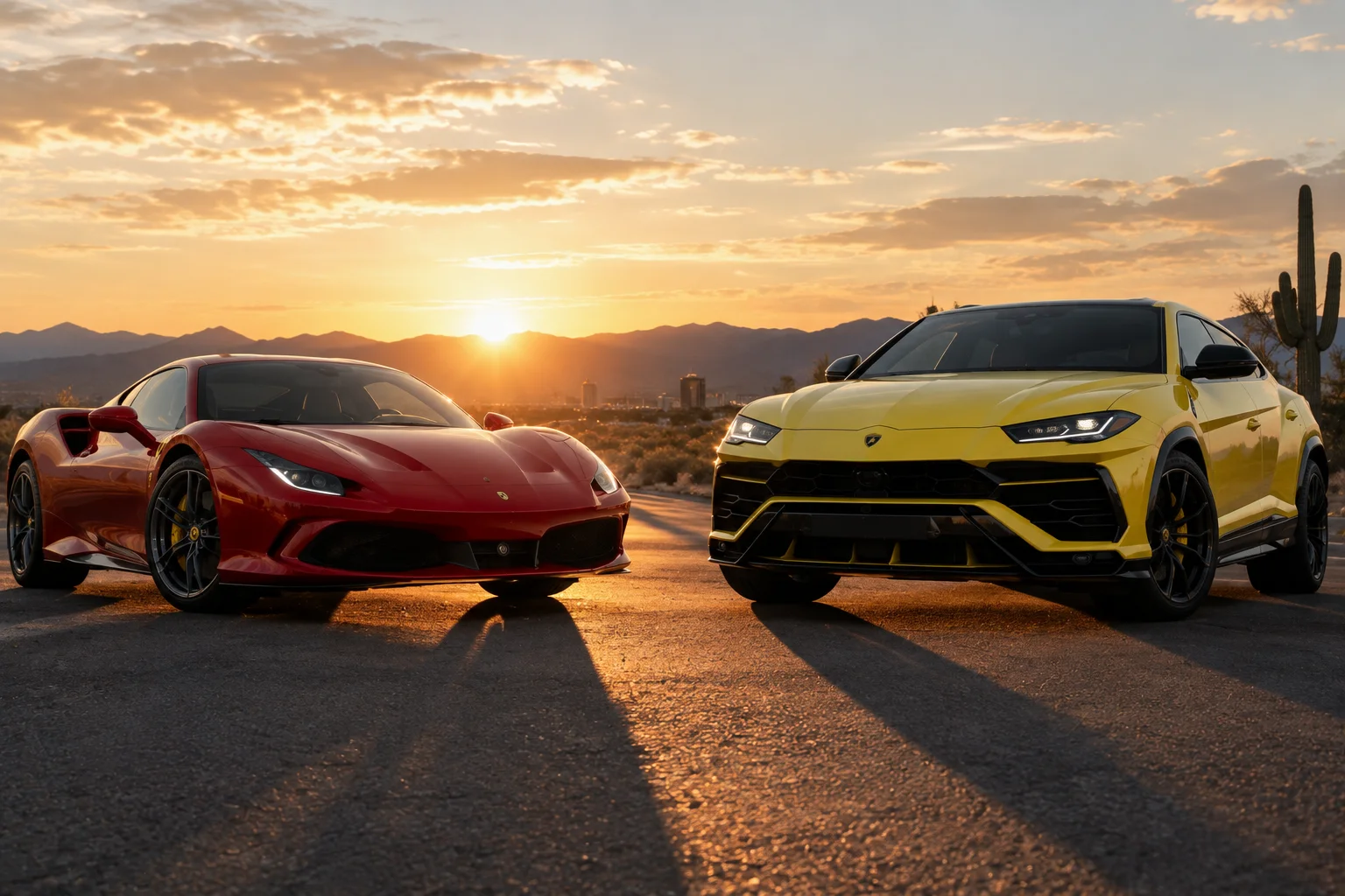Red Ferrari and yellow Lamborghini parked together on a desert highway near Las Vegas
