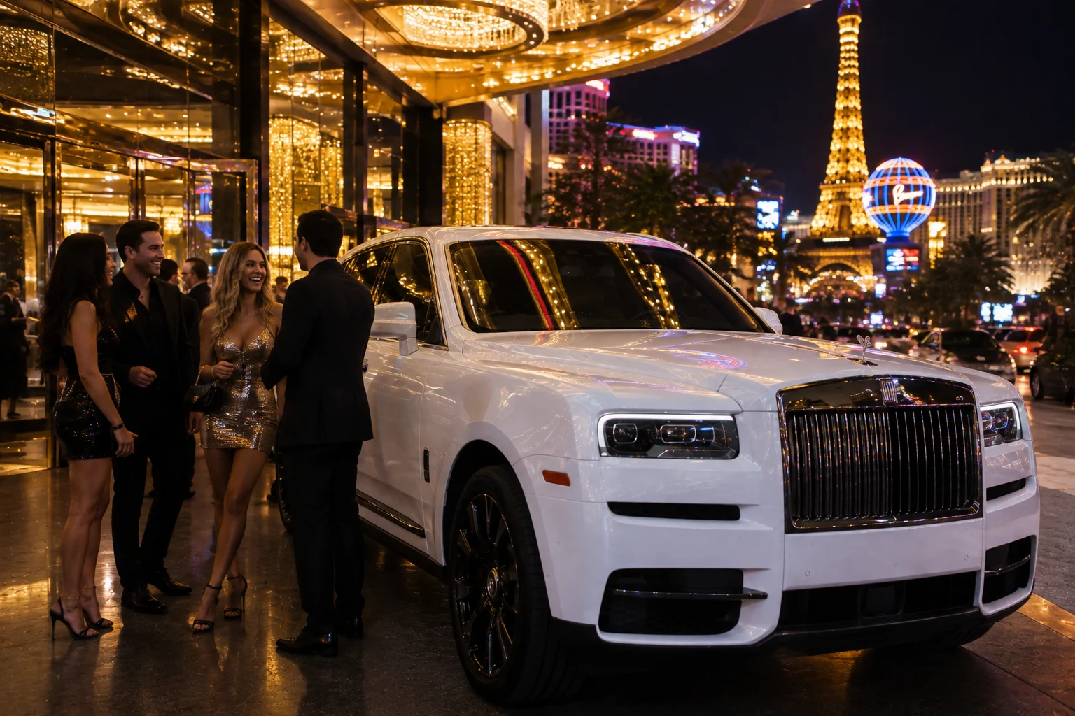 White Rolls-Royce Cullinan outside a Las Vegas Strip hotel during a bachelorette party night out