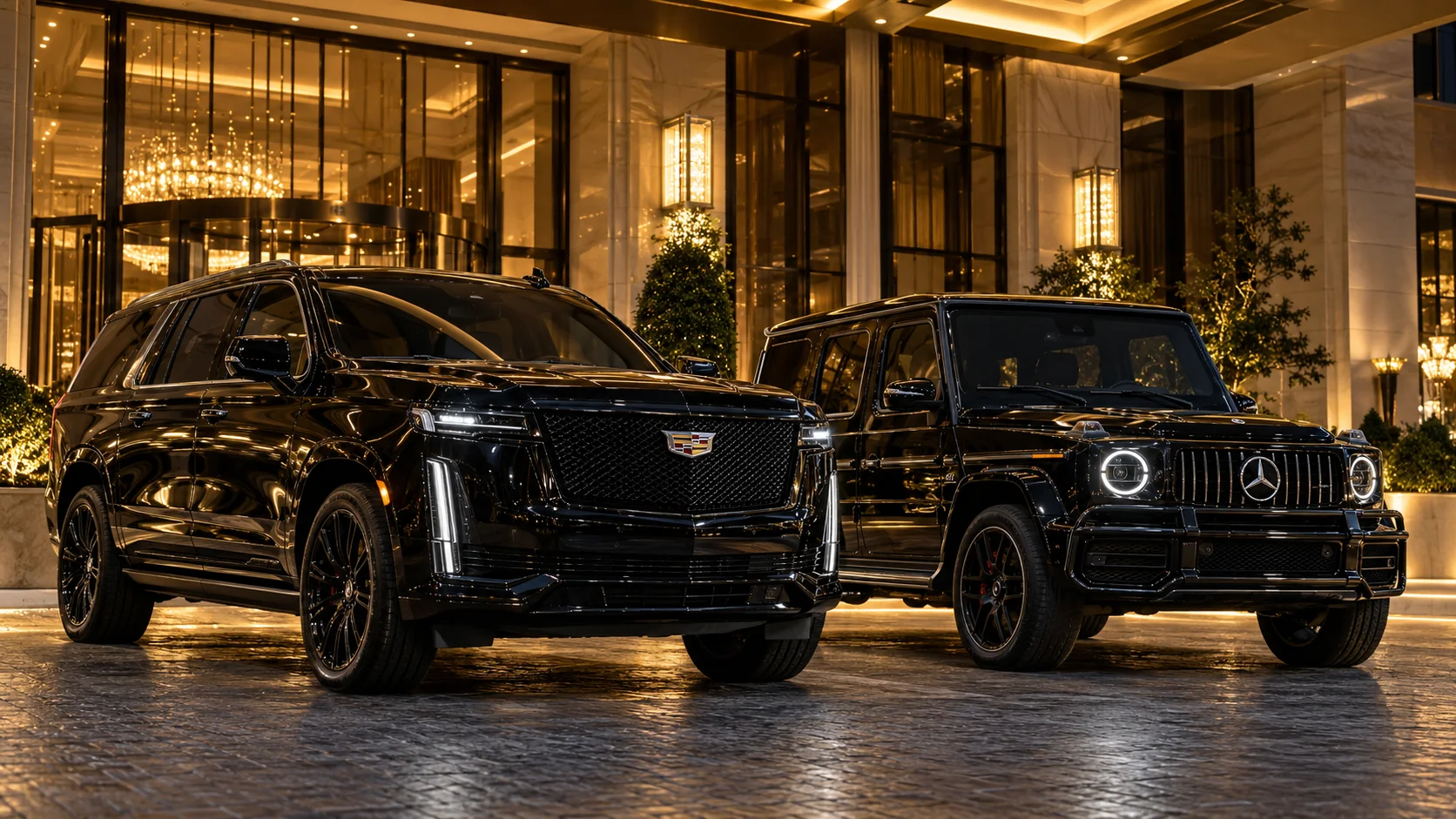 Black Cadillac Escalade and Mercedes G-Wagon parked together outside a luxury hotel at night